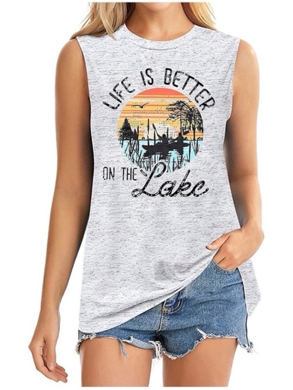 Life Is Better on the Lake Graphic Muscle Tank - White/Gray